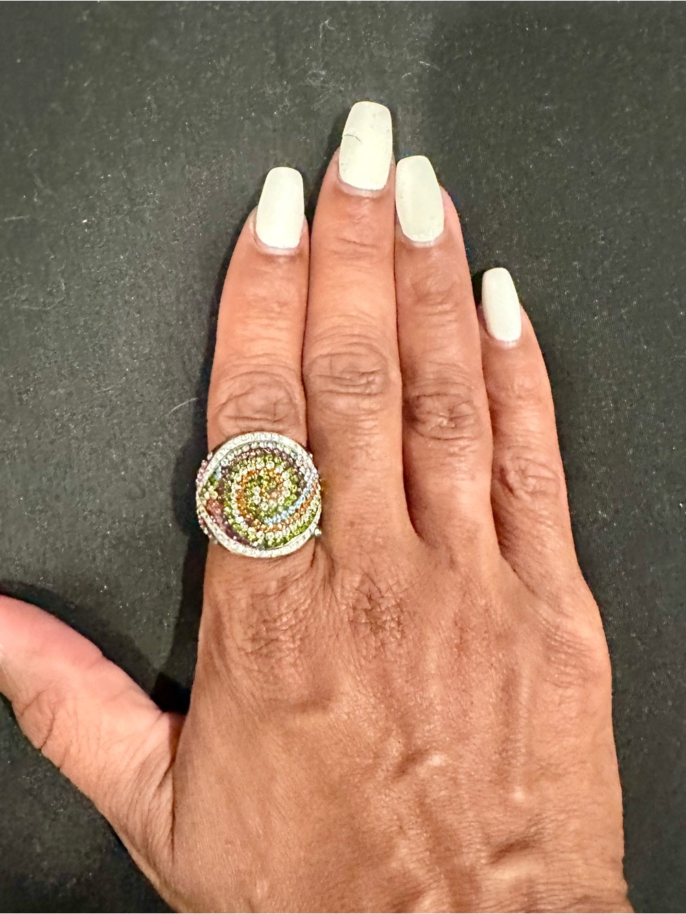 Multicolor Rhinestone Statement Cocktail Ring Silver Tone Rainbow size 8.5/9